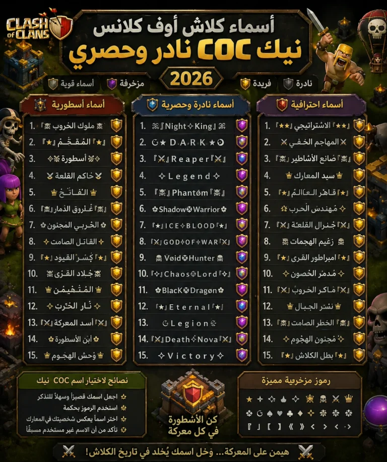أسماء كلاش اوف كلانز مزخرفة 2026 — نيك COC نادر جاهز للنسخ